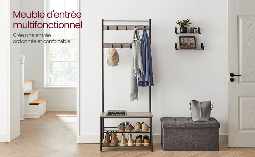VASAGLE Coat Rack, Hallway Cabinet, Cloakroom, Clothes Rack with Bench and Shoe Rack, Metal Frame, Height 175 cm