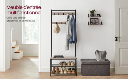 VASAGLE Coat Rack, Hallway Cabinet, Cloakroom, Clothes Rack with Bench and Shoe Rack, Metal Frame, Height 175 cm