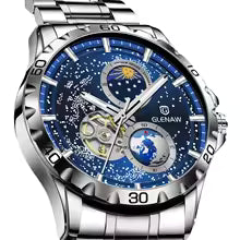 GLENAW – montre-bracelet rotative pour hommes, Double seconde main, automatique, mécanique, ciel étoilé, acier inoxydable, bracelet en cuir