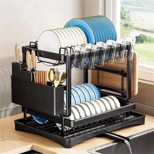 2 Layers Space Saving Dish Drying Rack Countertop Household Dish Storage Holder Kitchen Organizers And Storage With Drainboard