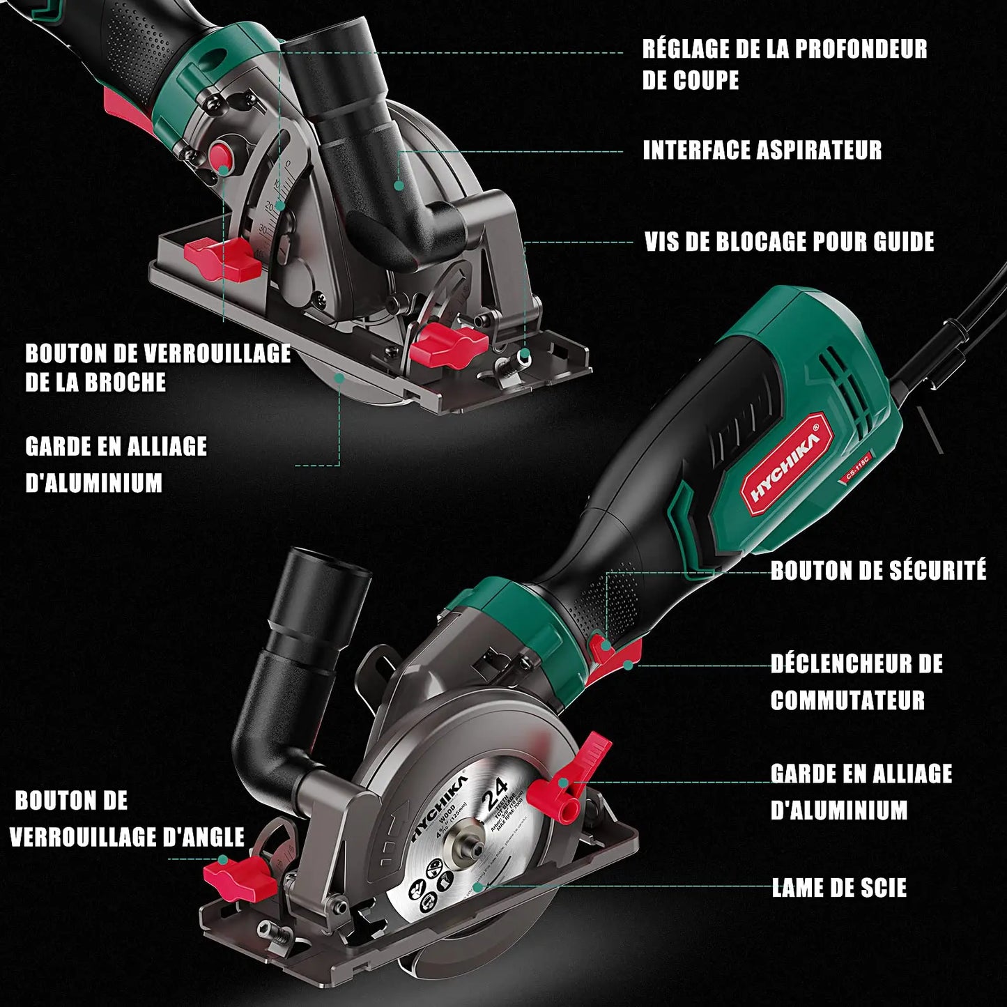 HYCHIKA 750W Circular Saw with 3 Saw Blades 48mm Cutting Depth Power Tools for Cutting Wood Soft Metal Tiles and Plastic