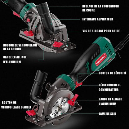 HYCHIKA 750W Circular Saw with 3 Saw Blades 48mm Cutting Depth Power Tools for Cutting Wood Soft Metal Tiles and Plastic