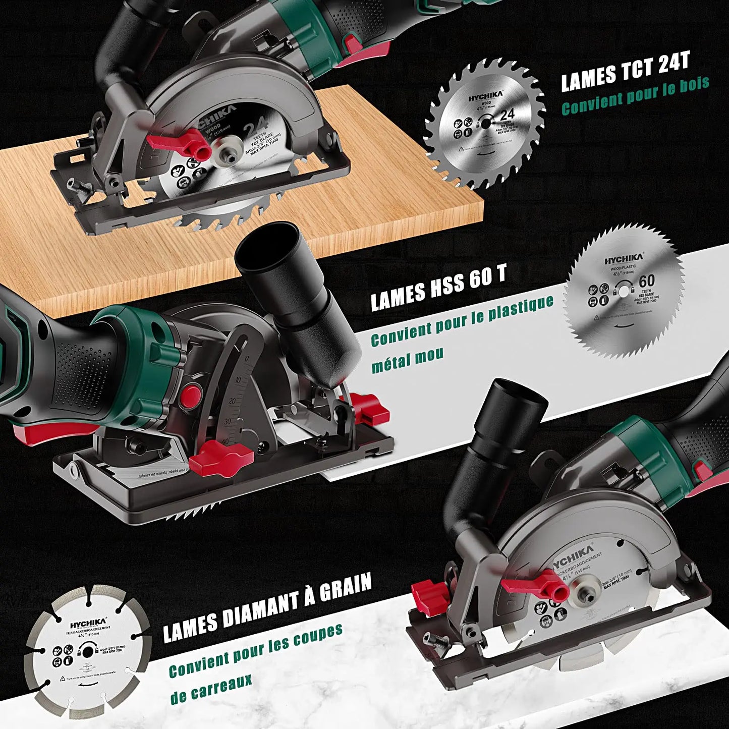 HYCHIKA 750W Circular Saw with 3 Saw Blades 48mm Cutting Depth Power Tools for Cutting Wood Soft Metal Tiles and Plastic