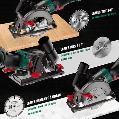 HYCHIKA 750W Circular Saw with 3 Saw Blades 48mm Cutting Depth Power Tools for Cutting Wood Soft Metal Tiles and Plastic