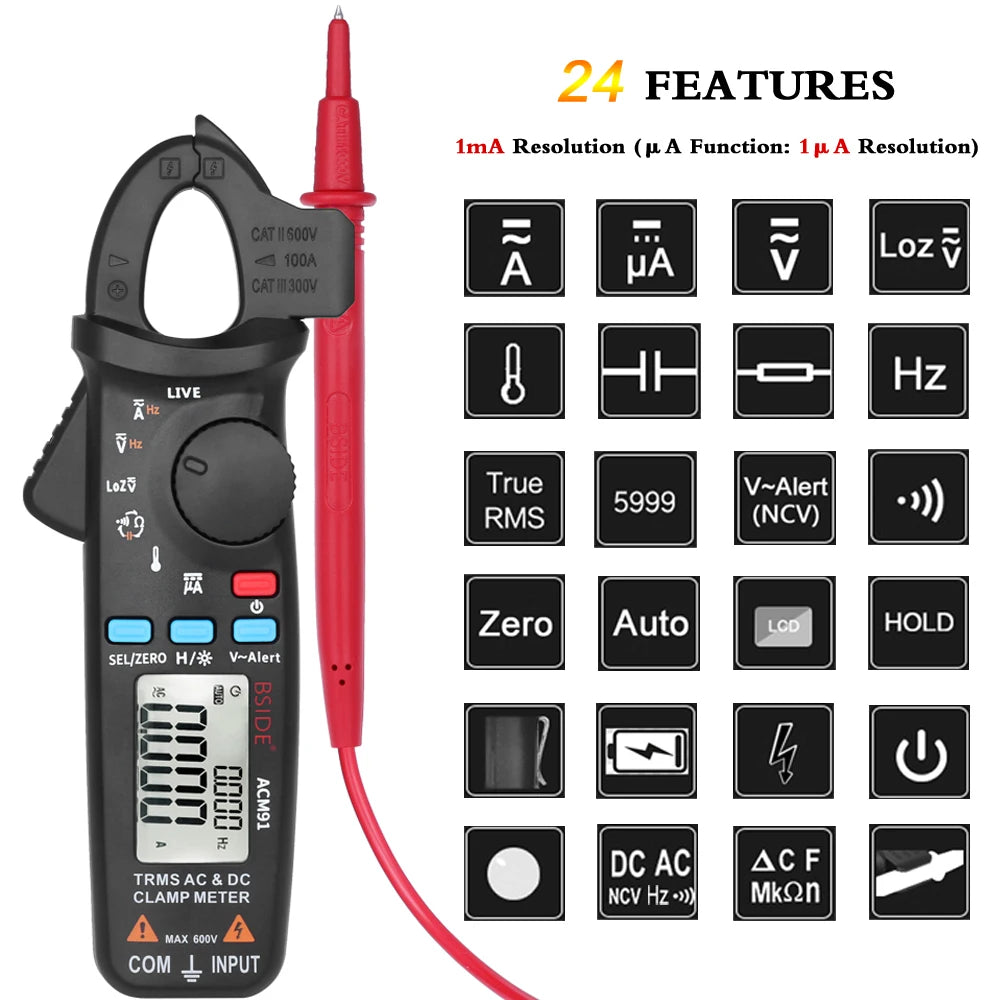 BSIDE ACM91 Digital Clamp Meter 1mA Precision Ammeter Clamp DC AC 100A Professional Multimeter Car Amvoltmeter Tester
