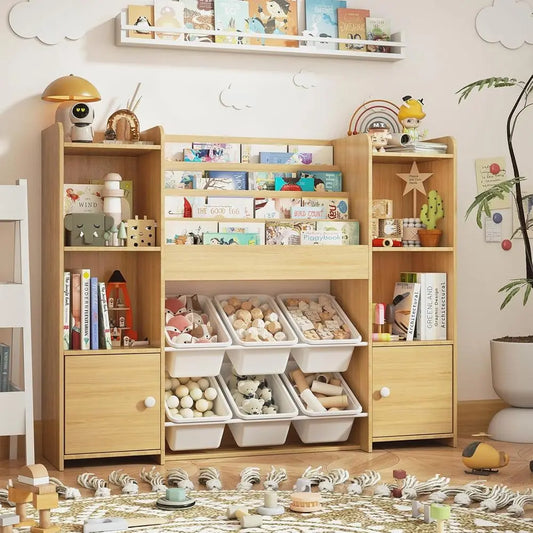 Kids Bookshelf & Toy Storage Organizer with 6 Bins, Wooden Storage for Living Room, Kids Room, Playroom, and Kindergarten
