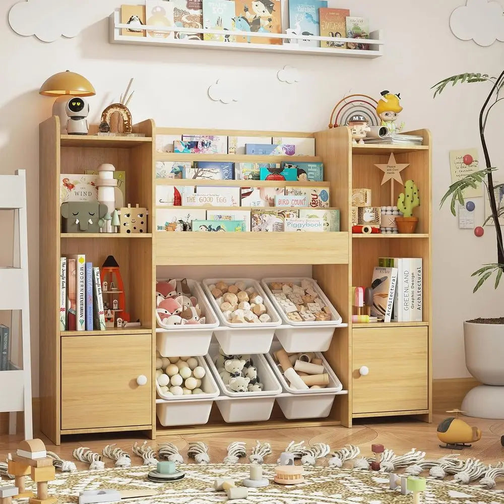 Kids Bookshelf & Toy Storage Organizer with 6 Bins, Wooden Storage for Living Room, Kids Room, Playroom, and Kindergarten