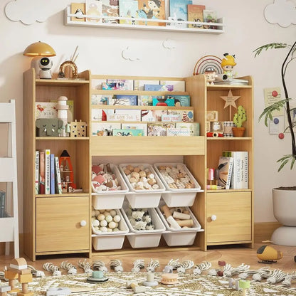 Kids Bookshelf & Toy Storage Organizer with 6 Bins, Wooden Storage for Living Room, Kids Room, Playroom, and Kindergarten