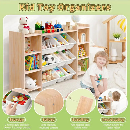 4-Tier Wooden Kids Toy Organizer with Wide Storage Cabinet, 9 Bins & 6 Ports