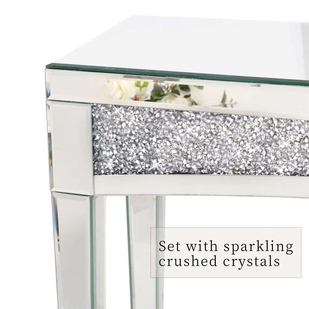 LUVODI Modern Glass Mirror Console Table Crushed Diamond Silver Sofa Side Table Vanity Table for Foyer,Entrance,Offices