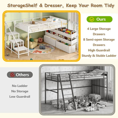 Low Loft Bed Twin Size with Stairs, Kids Loft Bed with 12 Storage Drawers, Metal Twin Loft Bed for Kids with Safety Guardrail
