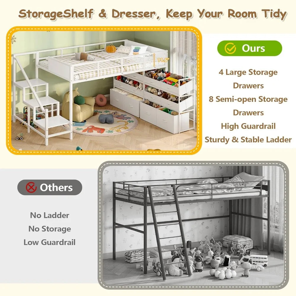 Low Loft Bed Twin Size with Stairs, Kids Loft Bed with 12 Storage Drawers, Metal Twin Loft Bed for Kids with Safety Guardrail