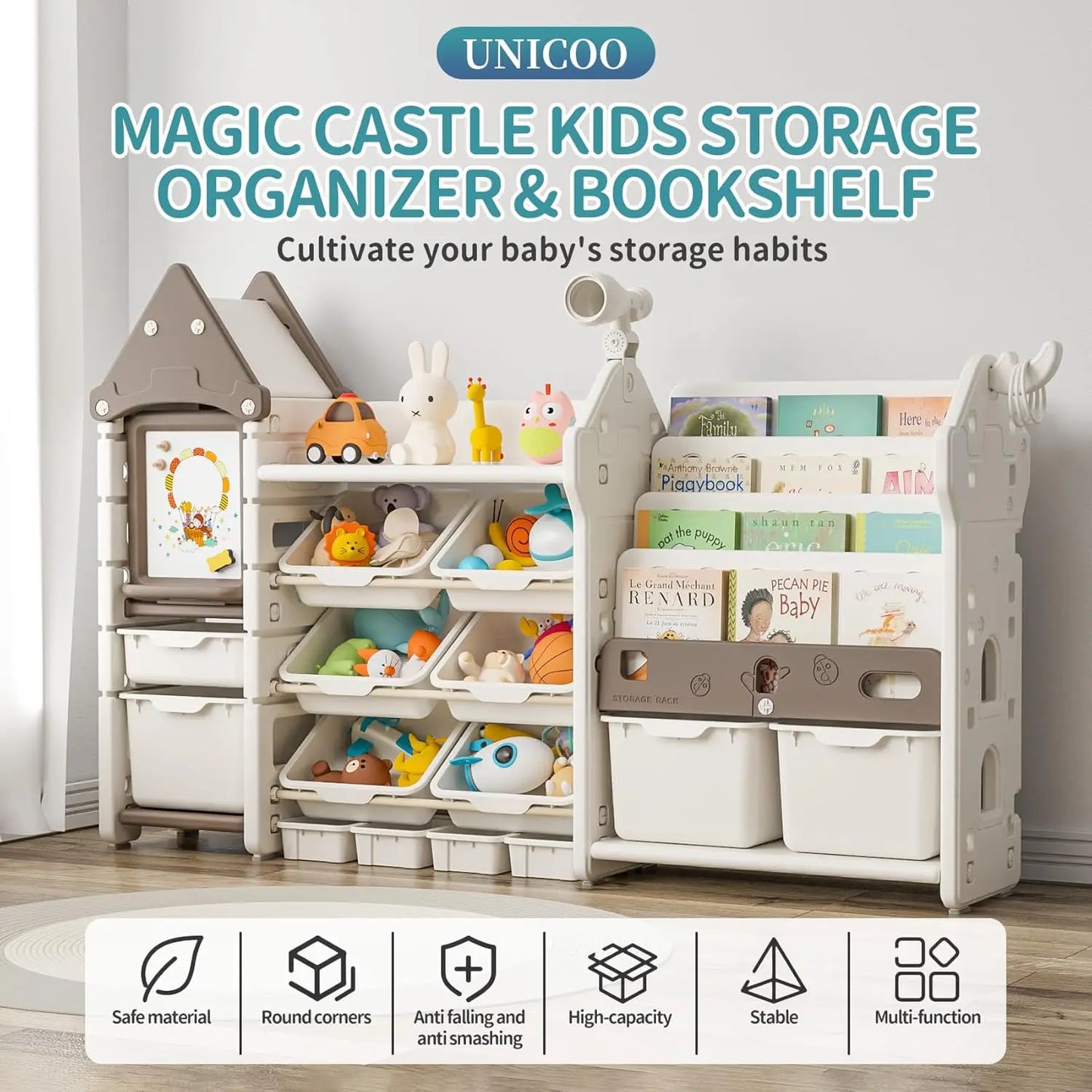 ® Magic Castle Kids Toy Storage & Bookshelf Organizer with 14 Easy-Pull Bins, Durable HDPE Material,   ltifunctional Pla