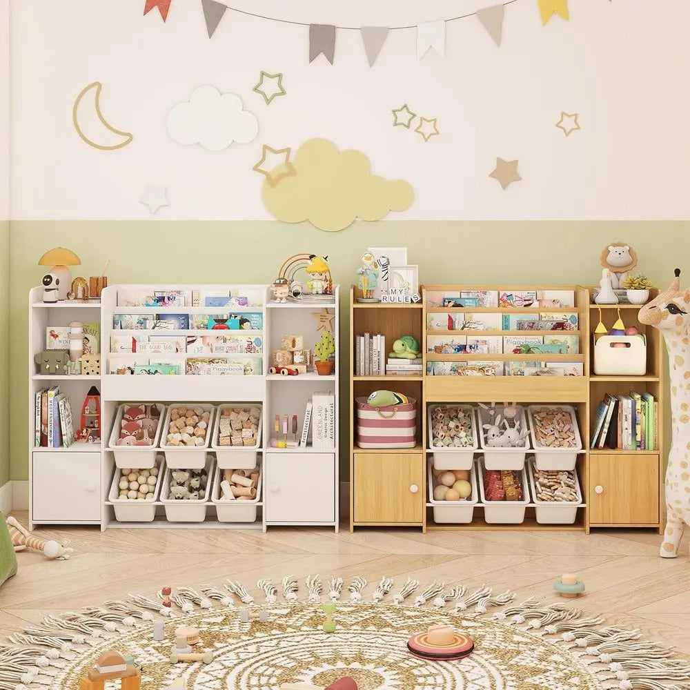 Kids Bookshelf & Toy Storage Organizer with 6 Bins, Wooden Storage for Living Room, Kids Room, Playroom, and Kindergarten