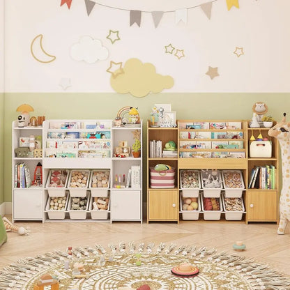 Kids Bookshelf & Toy Storage Organizer with 6 Bins, Wooden Storage for Living Room, Kids Room, Playroom, and Kindergarten