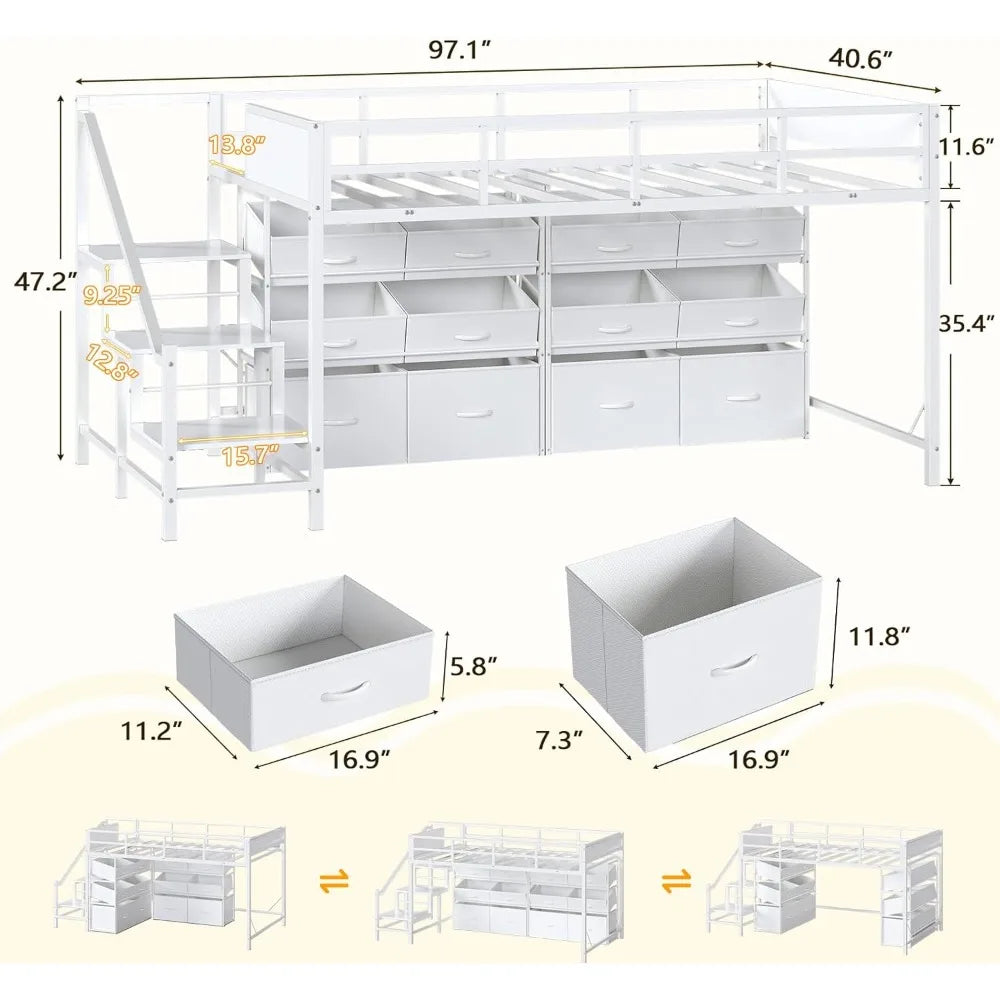 Low Loft Bed Twin Size with Stairs, Kids Loft Bed with 12 Storage Drawers, Metal Twin Loft Bed for Kids with Safety Guardrail