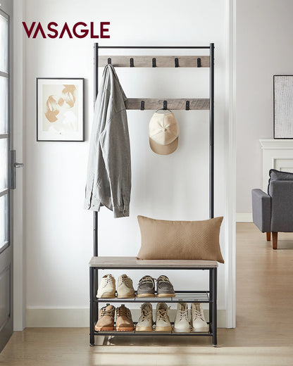 VASAGLE Coat Rack, Hallway Cabinet, Cloakroom, Clothes Rack with Bench and Shoe Rack, Metal Frame, Height 175 cm
