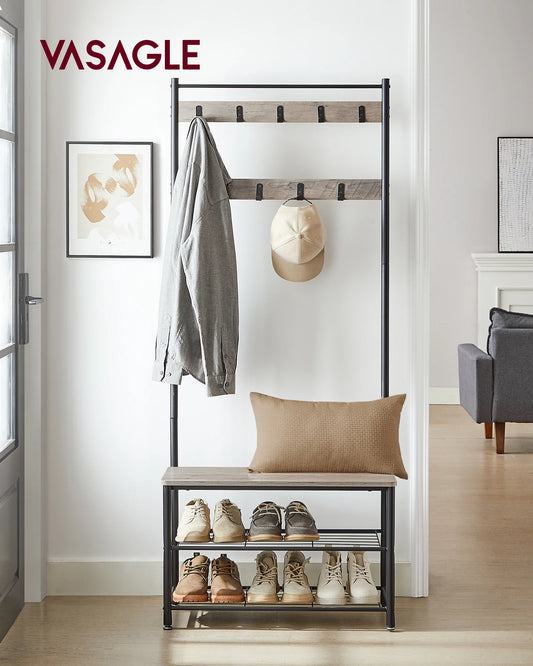 VASAGLE Coat Rack, Hallway Cabinet, Cloakroom, Clothes Rack with Bench and Shoe Rack, Metal Frame, Height 175 cm