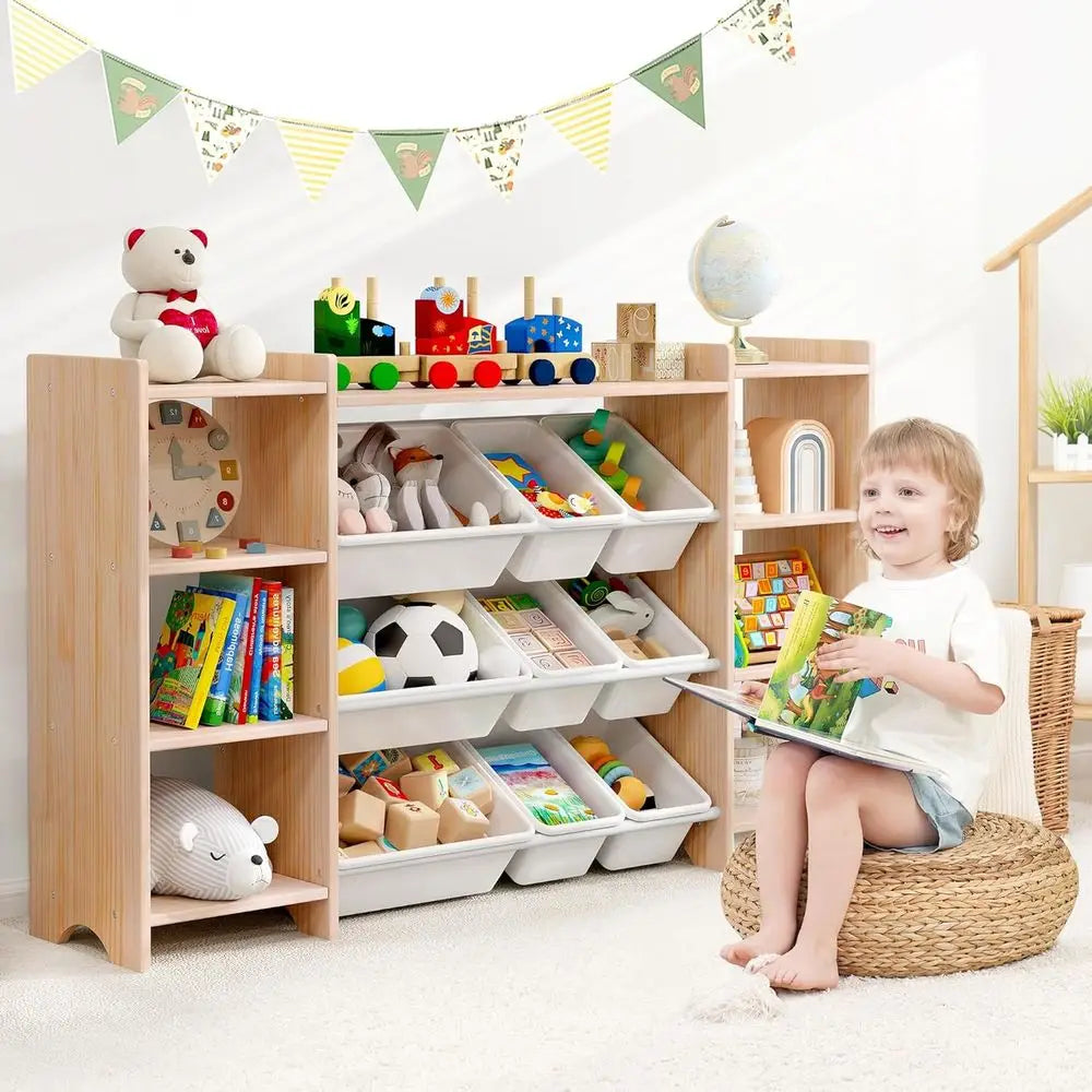 4-Tier Wooden Kids Toy Organizer with Wide Storage Cabinet, 9 Bins & 6 Ports