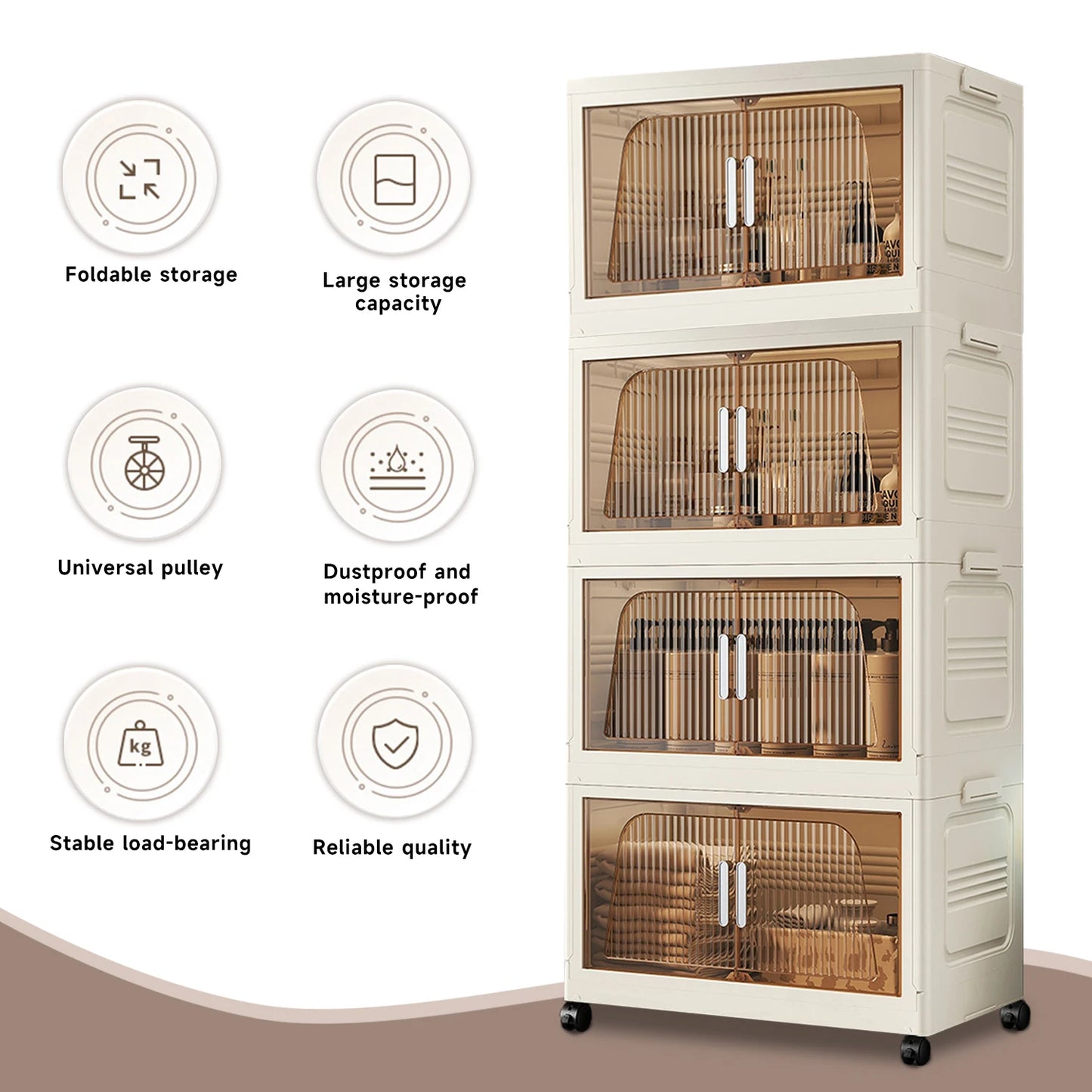 3/4 Layer Folding Storage Cabinet Storages Cabinet Waterproof Dustproof With Swivel Wheel Kitchen Bedroom Living Room Wardrobe