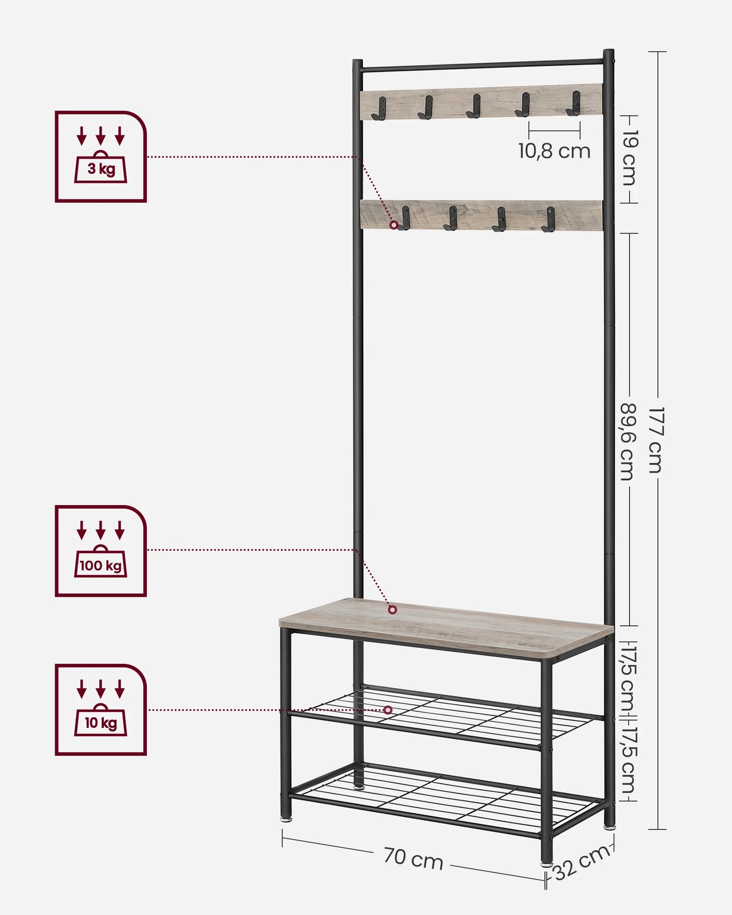VASAGLE Coat Rack, Hallway Cabinet, Cloakroom, Clothes Rack with Bench and Shoe Rack, Metal Frame, Height 175 cm