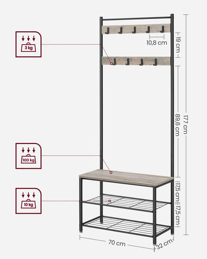 VASAGLE Coat Rack, Hallway Cabinet, Cloakroom, Clothes Rack with Bench and Shoe Rack, Metal Frame, Height 175 cm