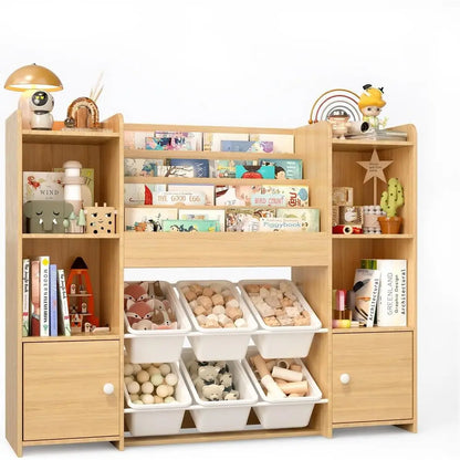 Kids Bookshelf & Toy Storage Organizer with 6 Bins, Wooden Storage for Living Room, Kids Room, Playroom, and Kindergarten