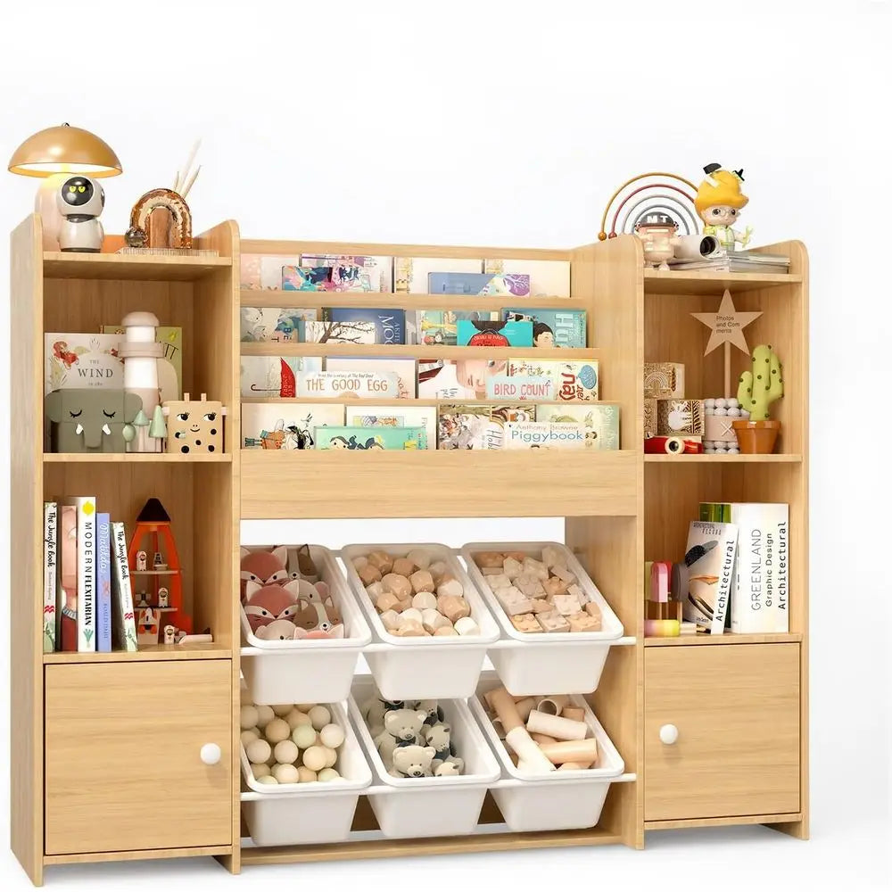 Kids Bookshelf & Toy Storage Organizer with 6 Bins, Wooden Storage for Living Room, Kids Room, Playroom, and Kindergarten