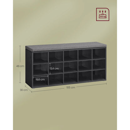 VASAGLE Shoe Bench, Storage Bench with Padded Seat, with Cushion, 9 Compartments, Adjustable Shelves, for Living Room, Hallway