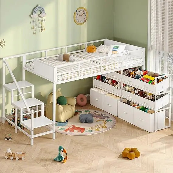 Low Loft Bed Twin Size with Stairs, Kids Loft Bed with 12 Storage Drawers, Metal Twin Loft Bed for Kids with Safety Guardrail