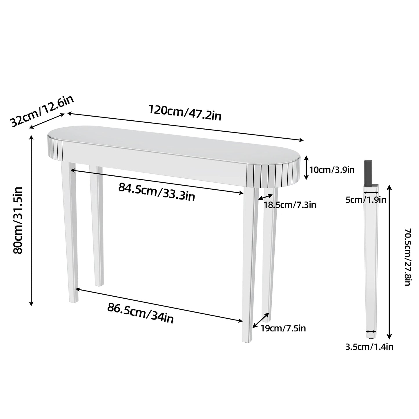 LUVODI Modern Glass Mirror Console Table Crushed Diamond Silver Sofa Side Table Vanity Table for Foyer,Entrance,Offices