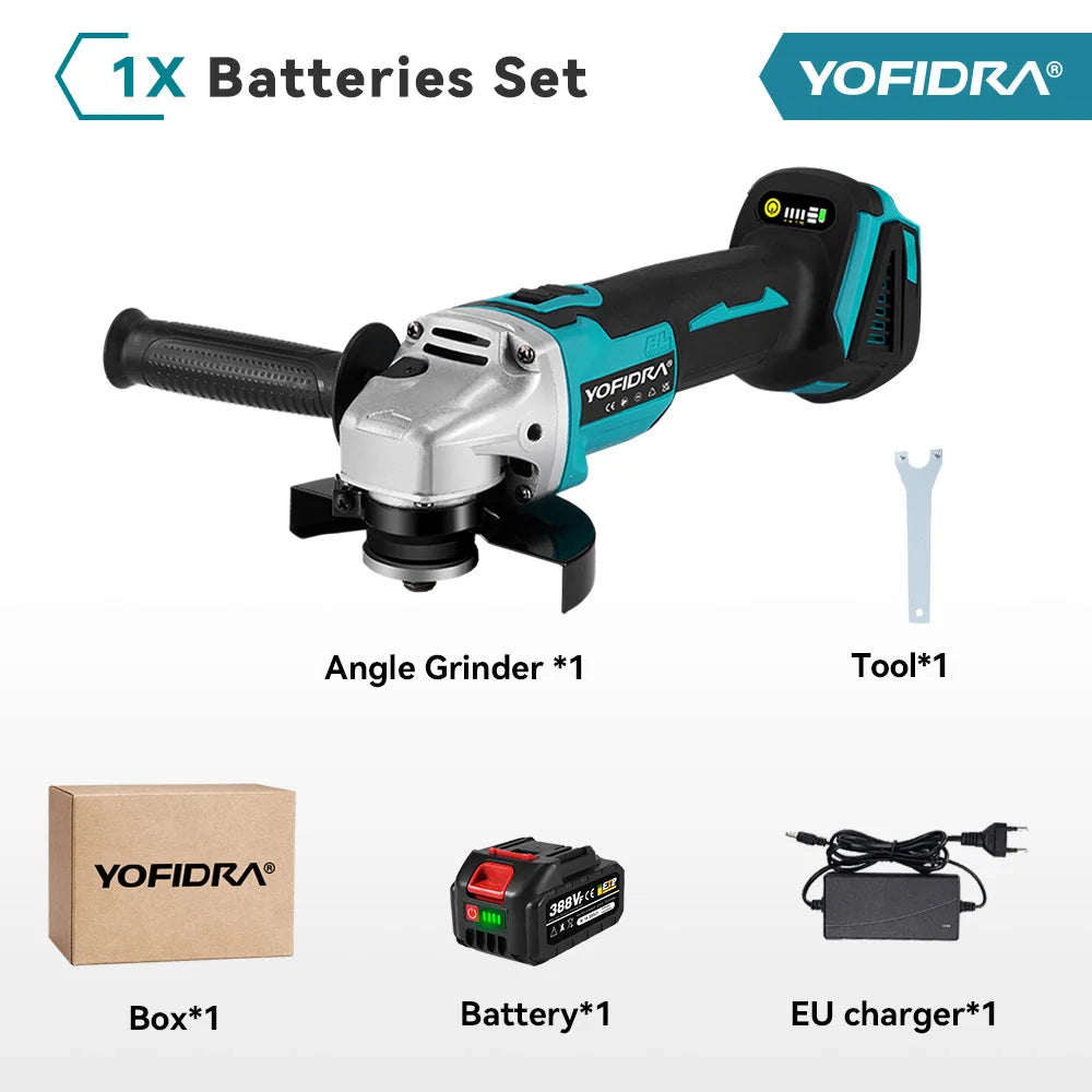 YOFIDRA 125mm Brushless Angle Grinder 14MM Cordless Cutting Polishing Cutting Machine Power Tool For Makita Battery Pin
