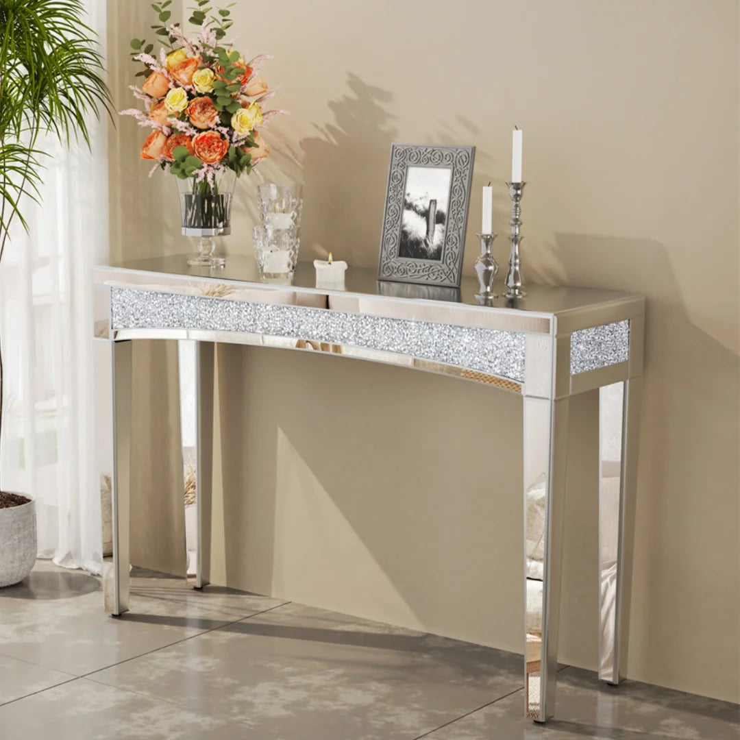 LUVODI Modern Glass Mirror Console Table Crushed Diamond Silver Sofa Side Table Vanity Table for Foyer,Entrance,Offices