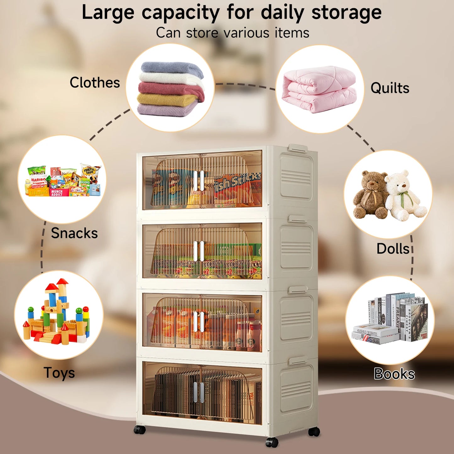 3/4 Layer Folding Storage Cabinet Storages Cabinet Waterproof Dustproof With Swivel Wheel Kitchen Bedroom Living Room Wardrobe