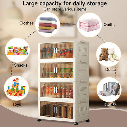 3/4 Layer Folding Storage Cabinet Storages Cabinet Waterproof Dustproof With Swivel Wheel Kitchen Bedroom Living Room Wardrobe