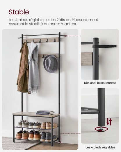VASAGLE Coat Rack, Hallway Cabinet, Cloakroom, Clothes Rack with Bench and Shoe Rack, Metal Frame, Height 175 cm
