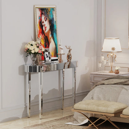 LUVODI Modern Glass Mirror Console Table Crushed Diamond Silver Sofa Side Table Vanity Table for Foyer,Entrance,Offices