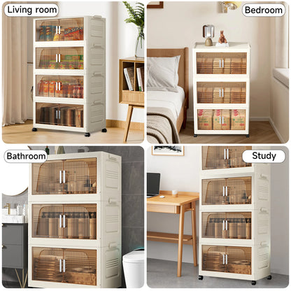 3/4 Layer Folding Storage Cabinet Storages Cabinet Waterproof Dustproof With Swivel Wheel Kitchen Bedroom Living Room Wardrobe