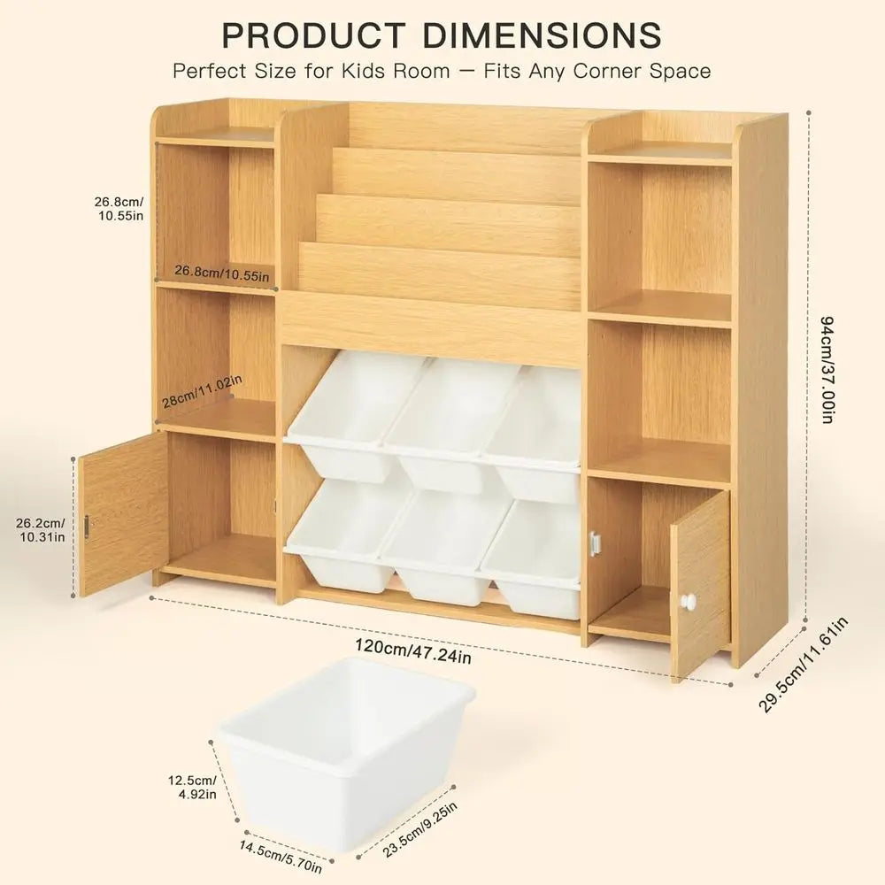 Kids Bookshelf & Toy Storage Organizer with 6 Bins, Wooden Storage for Living Room, Kids Room, Playroom, and Kindergarten