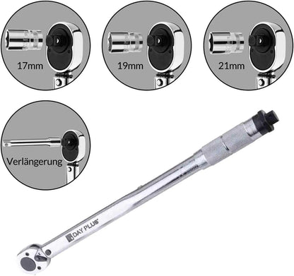 DayPlus Ratchet Torque Wrench 28-210Nm, 1/2" Wheel Bolt Wheel Nut Wrench incl. Extension & Wheel Bolt Sockets 17mm-19mm-21mm