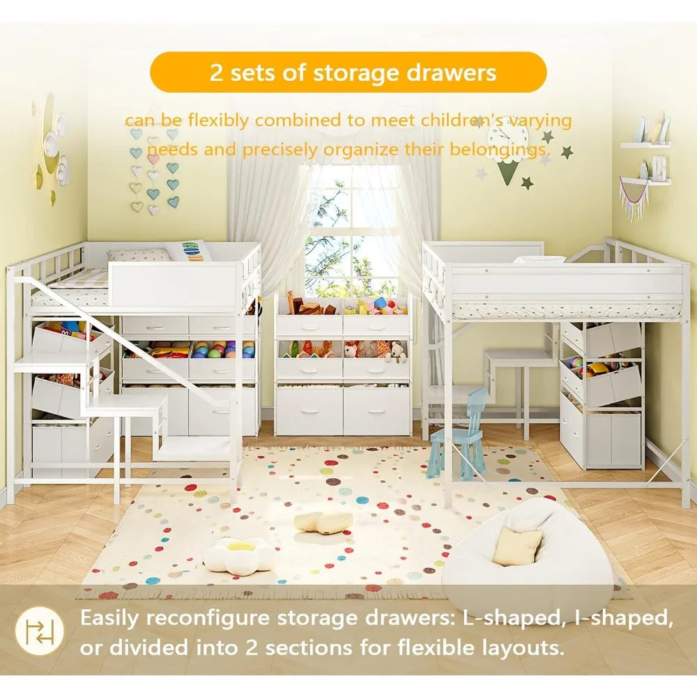 Low Loft Bed Twin Size with Stairs, Kids Loft Bed with 12 Storage Drawers, Metal Twin Loft Bed for Kids with Safety Guardrail