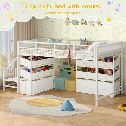 Low Loft Bed Twin Size with Stairs, Kids Loft Bed with 12 Storage Drawers, Metal Twin Loft Bed for Kids with Safety Guardrail