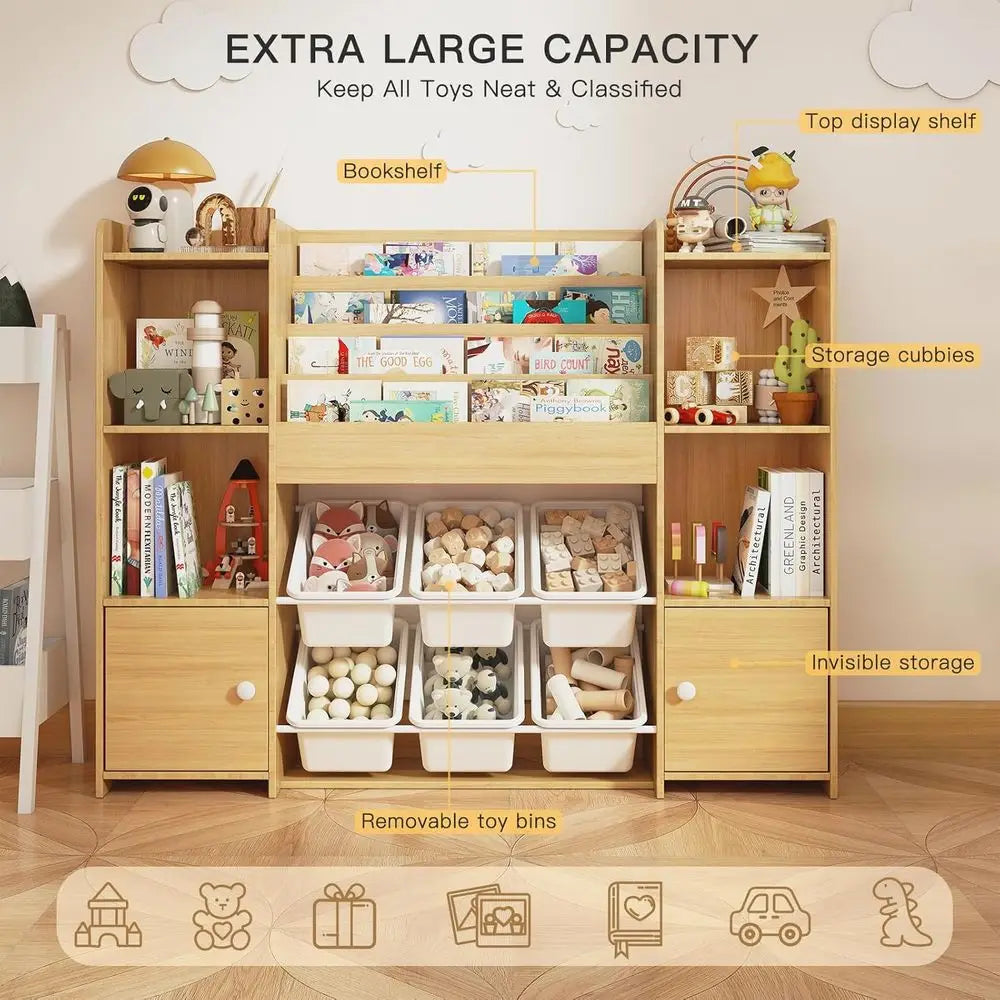 Kids Bookshelf & Toy Storage Organizer with 6 Bins, Wooden Storage for Living Room, Kids Room, Playroom, and Kindergarten