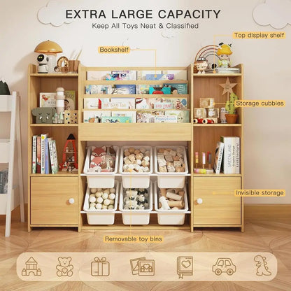 Kids Bookshelf & Toy Storage Organizer with 6 Bins, Wooden Storage for Living Room, Kids Room, Playroom, and Kindergarten