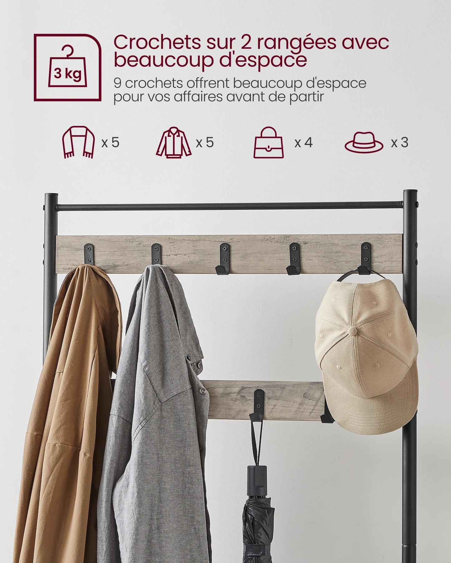 VASAGLE Coat Rack, Hallway Cabinet, Cloakroom, Clothes Rack with Bench and Shoe Rack, Metal Frame, Height 175 cm