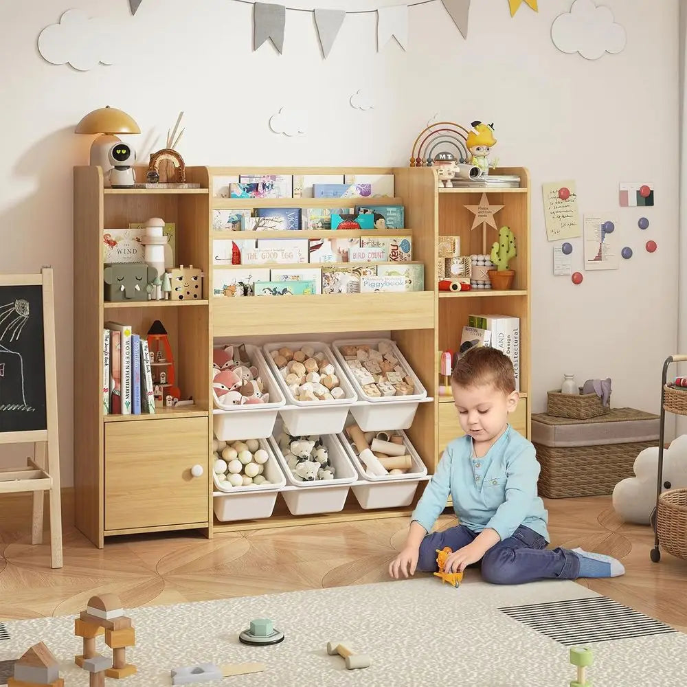 Kids Bookshelf & Toy Storage Organizer with 6 Bins, Wooden Storage for Living Room, Kids Room, Playroom, and Kindergarten