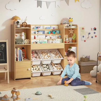 Kids Bookshelf & Toy Storage Organizer with 6 Bins, Wooden Storage for Living Room, Kids Room, Playroom, and Kindergarten