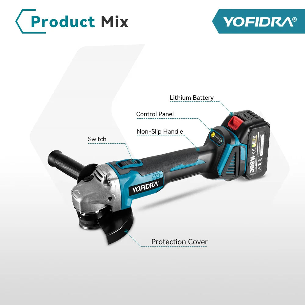 YOFIDRA 125mm Brushless Angle Grinder 14MM Cordless Cutting Polishing Cutting Machine Power Tool For Makita Battery Pin