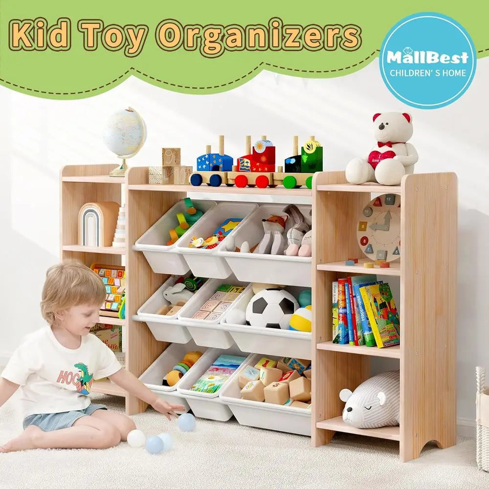 4-Tier Wooden Kids Toy Organizer with Wide Storage Cabinet, 9 Bins & 6 Ports