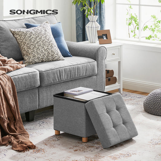 SONGMICS Storage Ottoman, Padded Foldable Bench, Chest with Lid, Solid Wood Feet, Space-Saving, Holds up to 300 kg, for Bedroom